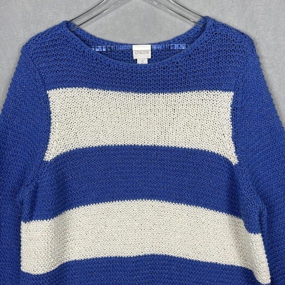 Chico's Sweater Top Size 3/XL Blue Striped Metallic Gold Open Knit Pullover - Picture 3 of 13
